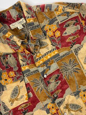 Tori Richard Shirt Men L Cotton Hawaiian Patchwork Tropical Turtles Fish Palms